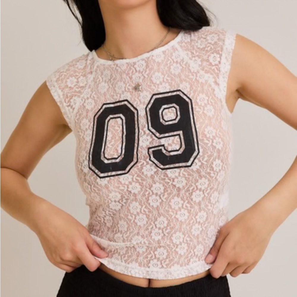 Le Lis White Lace Crop Top with Black Number